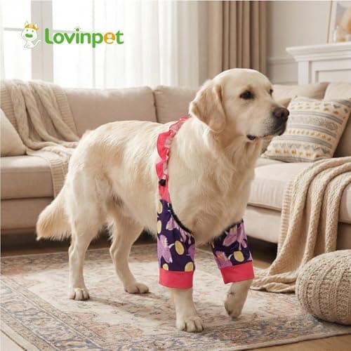 LovinPet Front Leg Sleeves for Medium and Large Dogs, 4-Way Stretch Elbow Protection, Anti-Lick Recovery, Warmth and Callus Prevention, Pair, Dinosaur Print, Yellow Purple,3XL - Thumbnail 6