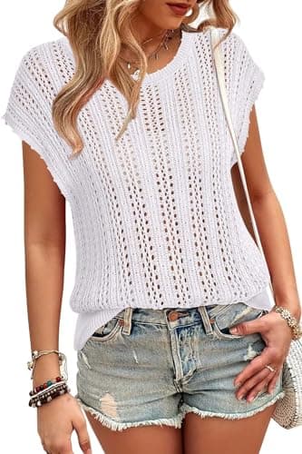 Arach&Cloz Womens Spring Summer 2024 Sweater Vest Cap Sleeve Crew Neck Fashion Casual Sleeveless Trendy Crochet Tops Clothes Vacation Resort Boho Country Concert Outfits Beach Shirts White - Image 1