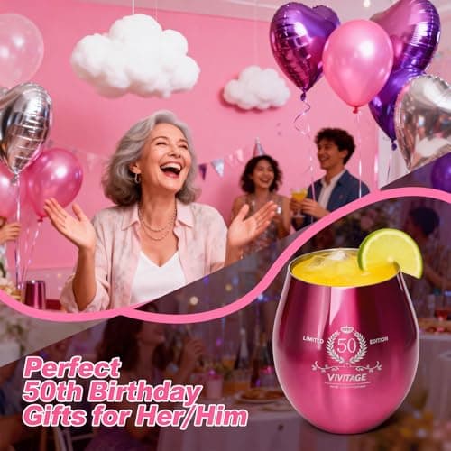 TJ 50th Birthday Gifts for Her Vintage Engraved Wine Glass - 50th Birthday Stainless Steel Stemless Wine Glass Birthday Decoration, 50 Year Old Birthday Gift for Women Men Wife Friend Sister, Hot Pink - Thumbnail 6
