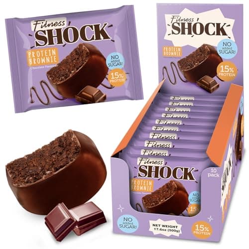 Fitness SHOCK Chocolate Protein Brownie - No Added Sugar, 7.5g Protein, Low Carb Guilt-Free Dessert - 0g Added Sugar, 10g Net Carbs, 5g Fiber, Non-GMO, Oat Bran - 10 x 50g