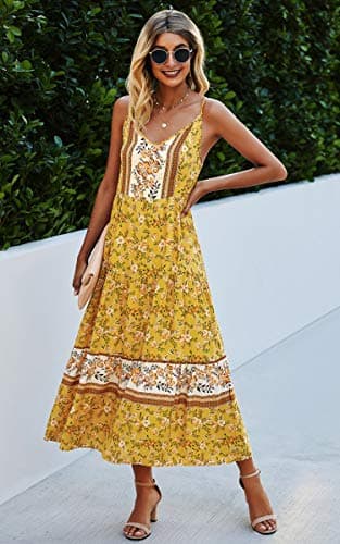 Angashion Women's Dresses Floral Adjustable Spaghetti Strap V Neck Boho Long Maxi Dress Summer Beach Flowy Ethnic Sundress 2141 Yellow X-Large - Thumbnail 3