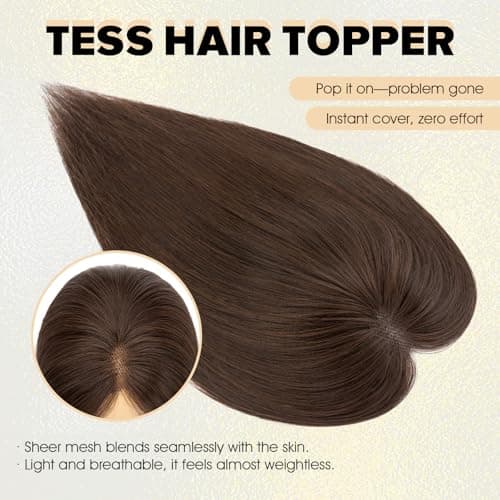 TESS Hair Toppers for Women Hair Pieces for Women with Thinning Hair Clip in Handmade Lace Base 3 Clips, 3.2 × 4.5 Inch, 12 Inch, Dark Brown - Thumbnail 5