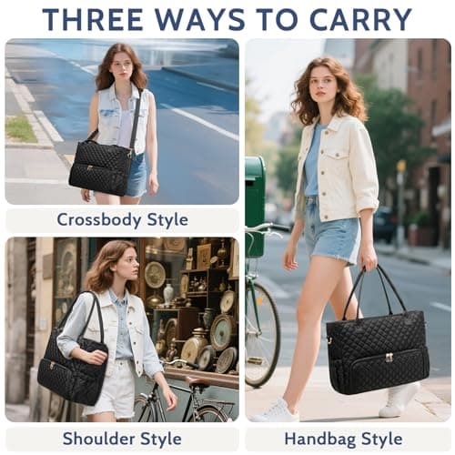 AHHZOOPLL 2-in-1 Lunch & Laptop Tote Bag for Women, 15.6" Lightweight Quilted Work Bag with Insulated Compartment, Water-Resistant Professional Commuter Bag for Office, Teacher, Nurse, Travel - Black - Thumbnail 2
