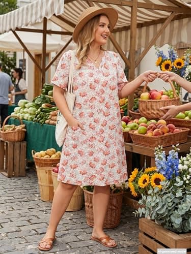 AusLook Plus Size Midi Dress for Women V Neck Short Sleeve Summer Casual Loose Fit Vacation 4X Sundress with Pockets - Thumbnail 2