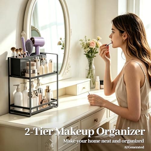 SanDream Hair Tool Organizer Bathroom Countertop, 2-Tier Metal Bathroom Organizer with Blow Dryer Holder, Large Capacity Space-Saving Vanity Shelf for Perfume, Skincare & Makeup Storage (Black) - Thumbnail 3