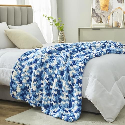 Amélie Home Chunky Knit Throw Blanket for Couch, Soft Chenille Crochet Blanket for Sofa, 50"x60", Space-Dyed Blue - Thumbnail 4