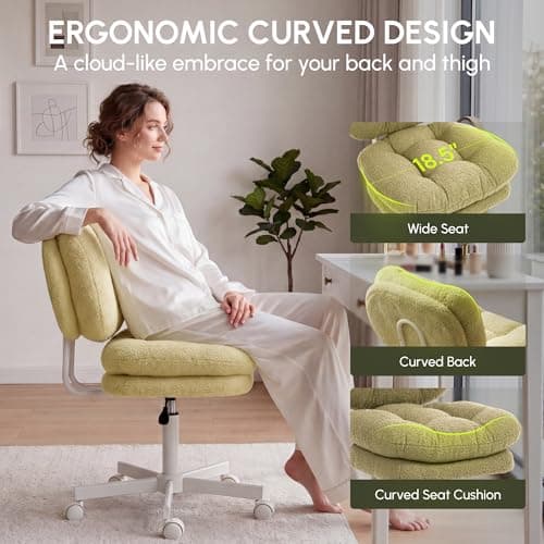 Vanity Chair with Wheels, Double-Layered Thickened Cushion Makeup Chair with High Backrest, Armless Swivel Ergonomic Comfy Desk Chair for Home Office, Adjustable Height for Bar Counter-Light Green - Thumbnail 3