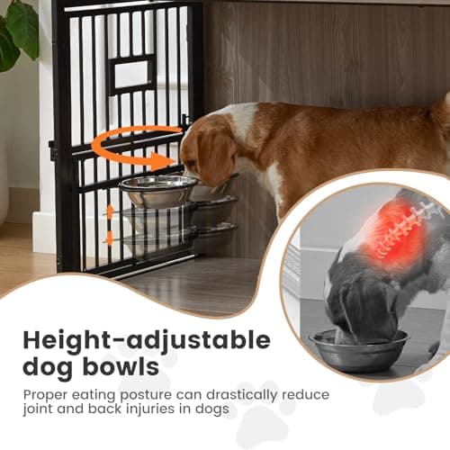 32 Inch Heavy Duty Dog Crate Furniture for Medium/Small Dogs, Decorative Pet House End Table with 3 Doors & Adjustable Bowls, Wooden Cage Kennel Furniture Indoor, Rustic Brown - Thumbnail 4