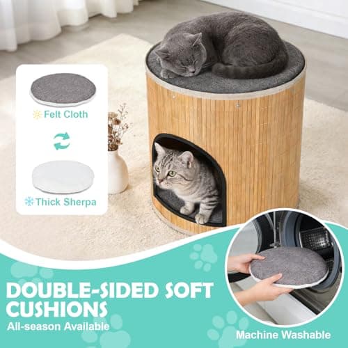 Cat Beds Indoor House, Handwoven Bamboo Cat Cave Pet Cube, Large Cat Houses, 2 Bed Mat, Foldable,Hideaway, 15.9x13.9 Inches, Living Room Bedroom Terrace Home Decoration Natural - Thumbnail 5