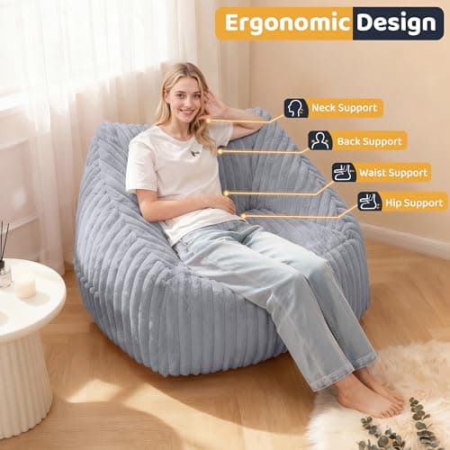 HABUTWAY Bean Bag Chair, Giant Bean Bag Chairs for Adults and Kids, Bean Bag Sofa, Lazy Floor Sofa, Faux Fur Beanbag Chair with Armrests for Living Room Bedroom (Grey) - Thumbnail 4