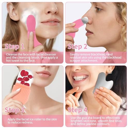 Ice Roller for Face and Eyes, 3-in-1 Set ice Roller, Silicone Facial Cleansing Brush, and Gua Sha，Facial Massage Cleansing Tool for Women Reduces Puffiness and Improves Wrinkles.Improve Skin Texture - Thumbnail 5