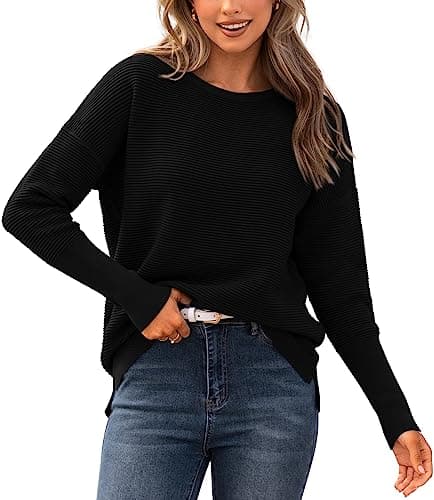 BTFBM Casual Women 2025 Fall Sweater Long Sleeve Ribbed Knit Pullover Loose Crewneck Batwing Split Sweater(Black,Small) - Image 1