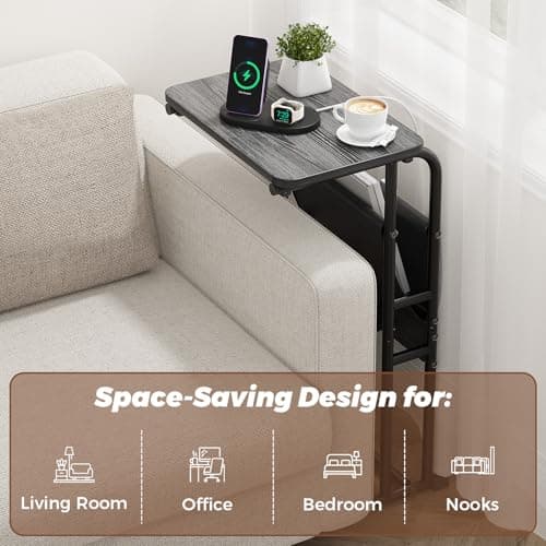 Olldide C Shaped End Table with Charging Station, Side Table for Living Room Bedroom, Slide Under Couch Sofa TV Trays Desk, Small Narrow Space Applicable, Black - Thumbnail 6