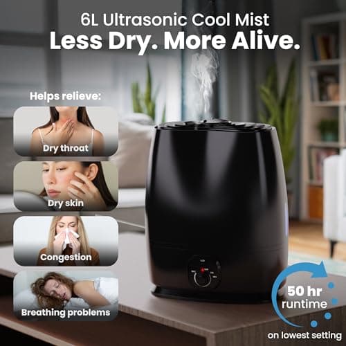 Everlasting Comfort 6L Humidifiers for Bedroom, Quiet 50HR Runtime No-Filter Supersized Cool Mist Humidifier Large Room for Whole House, Plants, Baby Nursery, Allergies, Dry Skin, Congestion, Indoor - Thumbnail 2