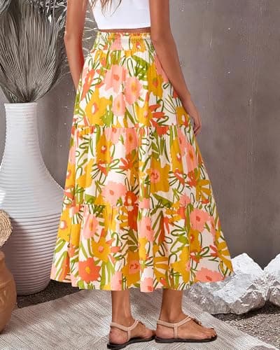 BTFBM Skirts for Women Summer 2026 Floral Print A Line Elastic High Waist Boho Maxi Skirt Spring Fashion Clothing Pocket(Floral White Yellow, Medium) - Thumbnail 5