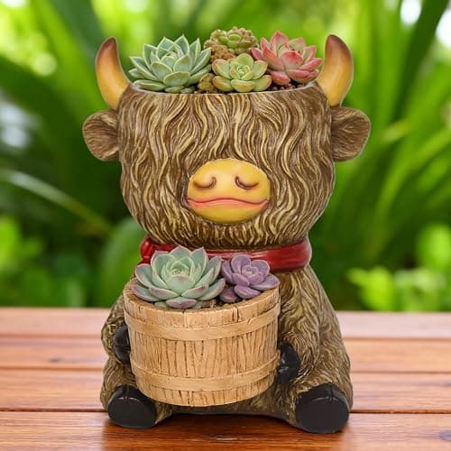 Cute Plant Pots Decor Gifts - Highland Cow Planter with Two Planters Animal Flower Pots with Drainage,Mini Succulent Pot for Home Desk Patio Decorations Outdoor Indoor Plants Pot Gift for Plant Lovers - Image 1