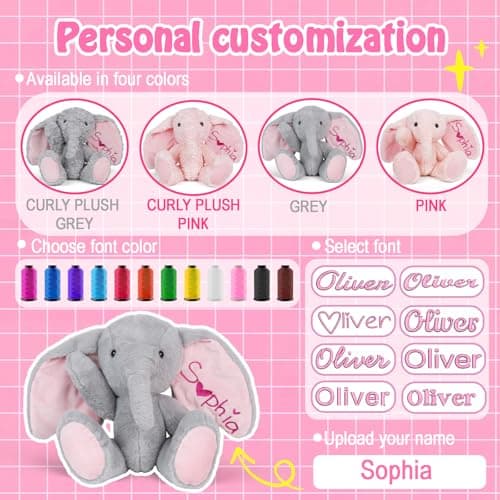 Custom Embroidered Plush Elephant with Name, Personalized Baby Plush Toys, Personalized Elephant Stuffed Animal, 1-14 Year Old Girl Toys, Christmas Birthday Gifts for Baby Boys Girls Toddlers - Thumbnail 5