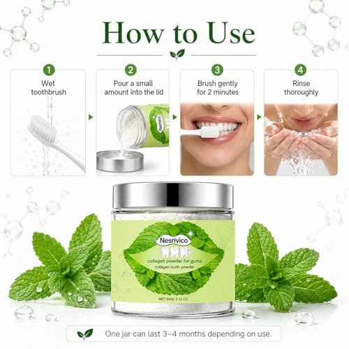 Collagen Tooth Powder for Gum with Hydroxyapatite Care & Enamel Support - Remineralizing Tooth Powder for Gum 2.12OZ Natural Oral Powder for Sensitivity, Travel-Friendly (Mint) - Thumbnail 6