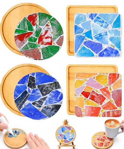 GHAHILI 4 Sets DIY Mosaic Kits for Adults Glass Mosaic Tiles for Crafts with Wooden Coasters for Women Mixed Color Mosaic Kit Craft Coaster Project Handmade Making Kit Set for Home Decor Gifts - Image 1