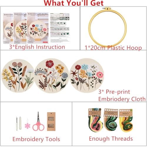 Mozzyyee 3 Sets Embroidery Starter Kit for Beginners Adults Include 3 Embroidery Clothes with Instructions Hoops Floss Thread Fabric Needles (Floral) - Thumbnail 3