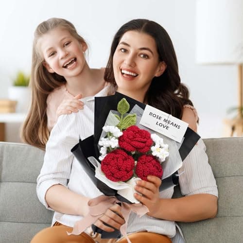 Crochet Flower Bouquet Handmade Red Roses Artificial Flowers with Card Unique Mothers Day Graduation Birthday Gifts for Women Mom Girlfriend Wife Eternal Flores Knitting Decorations Home Decor - Thumbnail 5