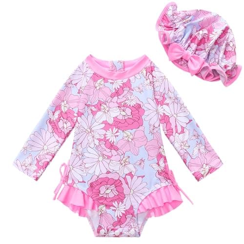 AMAWMW Infant Baby Girl Swimsuit Long Sleeve One-Piece Swimwear with Hat Rash Guard Floral Zipper Bathing Suit Beach Wear - Image 1