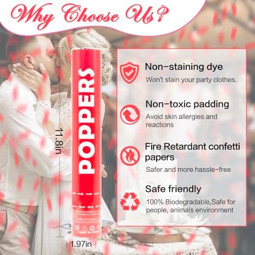 Confetti Cannon 12 Pack Red Biodegradable 12 Inch Party Popper Shooters Bulk for Baby Shower, Wedding, Birthday, Graduation, Party Celebrations - Thumbnail 2