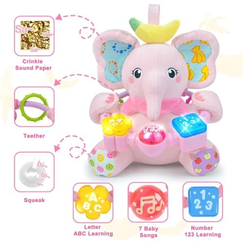 Holaxander Baby Elephant Musical Stuffed Animals Toy with Light-Up Music & Crinkle Sound Paper,Infant Bilingual Early Learning Education Toys,Tummy Time Toys for 0-3-6-12+ Months Boy Girl, Pink - Thumbnail 3