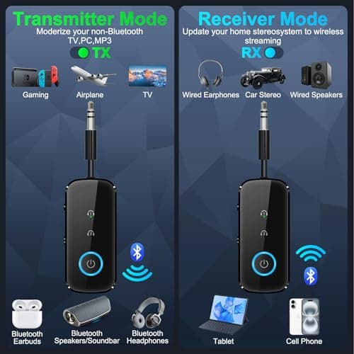 Premium Pro Bluetooth 5.4 Transmitter Receiver – Airplane Travel Essentials,aptX LL, 2-in-1 Wireless Adapter for TV/Flight/Gym, Works with 2 AirPods/Headphones, Bluetooth Receiver for Car/Home Stereo - Thumbnail 2