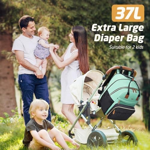 Tonyeee Diaper Bag Backpack - Extra Large Diaper Bag for 2 Kids Twin, Travel Baby Bags for Mom Dad 25-37L Expandable with Changing Pad Earphone Hole, Green Black - Thumbnail 3