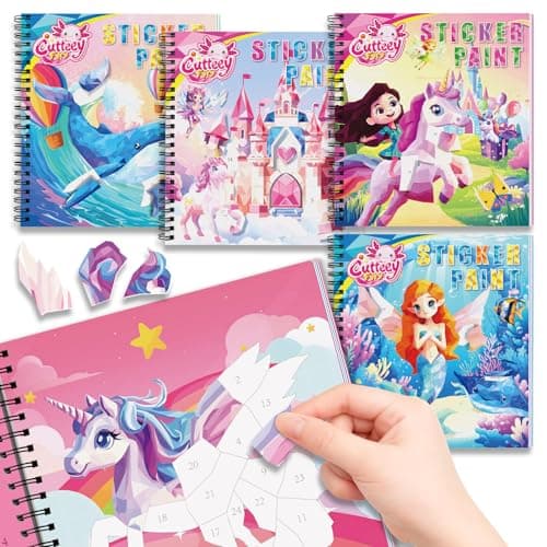 4Pcs Paint by Number Sticker Book for Kids Ages 4-8 | Travel Sticker Activity Books with Stories for Girls | Screen-Free Airplane & Car Toy, Educational Puzzle Easter Craft Gift for Toddlers 3-12