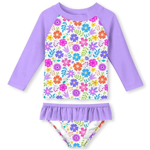 Funnycokid Girls Swimsuit Toddler Bathing Suit Swim Long Sleeve 2 Piece Rash Guard 4T 3T Set for Kids Purple Flower - Image 1