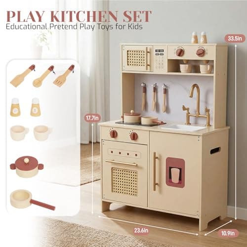 Wooden Kitchen Playsets for Kids, Pretend Play Kitchen with Realistic Clicking Sounds, Gold Faucet, Coffee Maker & Cooking Accessories, Set for Toddlers Boys Girls Age 3+ - Thumbnail 2