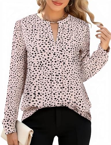 SOFIA'S CHOICE Work Tops for Women Business Casual Long Sleeve Dressy Blouse Corporate Outfits Shirts Black Beige Dot X-Large