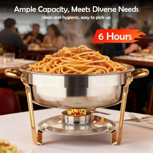 ALSO GO Round Chafing Dishes for Buffet with 4 Serving Tongs, 4 Pack 6QT Chafing Dishes Buffet Set, Golden Stainless Steel Catering Food Warmer for for Party, Gathering,Wedding - Thumbnail 6