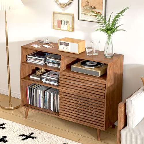 zofiauai Mid Century Record Player Stand, Large Vinyl Turntable Console with Doors, Charging Station, 451 Albums Capacity Media Storage Shelf, Entertainment Center for Living Room, Bedroom, Walnut - Thumbnail 5