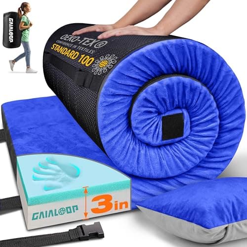 GAIALOOP 3 Inch Memory Foam Camping Mattress, Dual Layer Thick Sleeping Camp Pad for Car Tent Cot, Roll-Up Portable Glamping Floor Bed for Guests Sleepover[Kid: 62 * 23 * 3"]