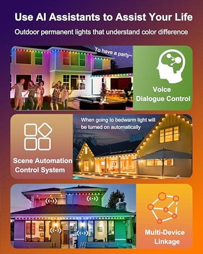 Seyxicnor 100ft Permanent Outdoor Smart Lights Pro with 60 RGBCW+IC LEDs & WiFi/Alexa Control, IP68 Waterproof Christmas Lights Outdoor Year-Round Lighting 108 Scene Modes for Daily, Halloween Décor - Thumbnail 6