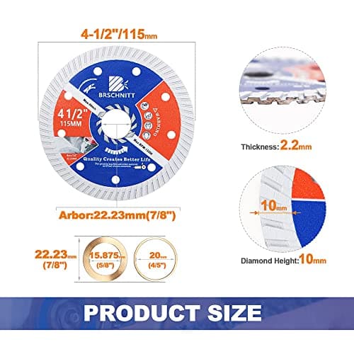 BRSCHNITT Diamond Cutting Disc for Concrete Masonry 115mm with Arbor 7/8"（22.23mm） for Granite Marble Stone Hard Concrete Reinforced 2pcs - Thumbnail 2