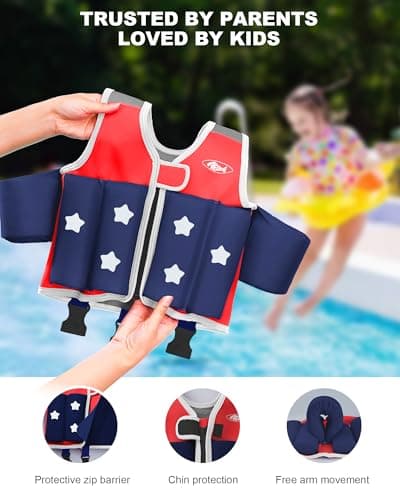 AEOCOO Kids Pool Floaties 1-2-3-5-7-9 Years Old, Toddler Swim Vest 20-30-50-70 Pounds, Comfortable Extended Wear Kids Float Jacket with Crotch Strap, Bright Design and Unpadded Sides, Red - Thumbnail 6