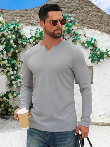 Hardaddy Men's V Neck Long Sleeve Ribbed Casual T-Shirt Solid Tee Shirts Light Gray XL - Thumbnail 2