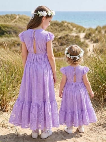 ALLOVIN Toddler & Girls Spring Graduation Lace Flower Girl Dress for Wedding Baptism First Communion Maxi Boho A-Line | Flutter Sleeve Purple | 3-4Y - Thumbnail 6