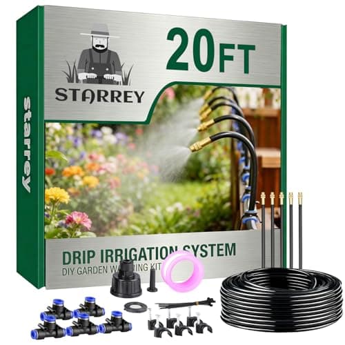 Starrey Drip Irrigation System, 2026-Upgrade 20Ft 1/4" Garden Watering System with 5 Pcs 360° Adjustable Copper Nozzles, DIY Kit for Garden, Lawn, Greenhouse, Raised Beds & Outdoor Plants