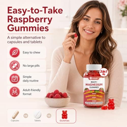 Triple Magnesium Complex Gummies for Adults, Magnesium Glycinate, Citrate, Malate with Potassium, Calcium, Vitamin B6 for Calm, Sleep & Muscle - Vegan, Raspberry, 120 Count - Thumbnail 5