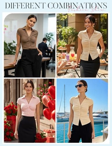 Women Textured Button Down Blouse, V-Neck Ruched Tops with Y2K Collar, Slim Fit Cap Sleeve Going Out Casual Shirt(Pink, XL) - Thumbnail 2