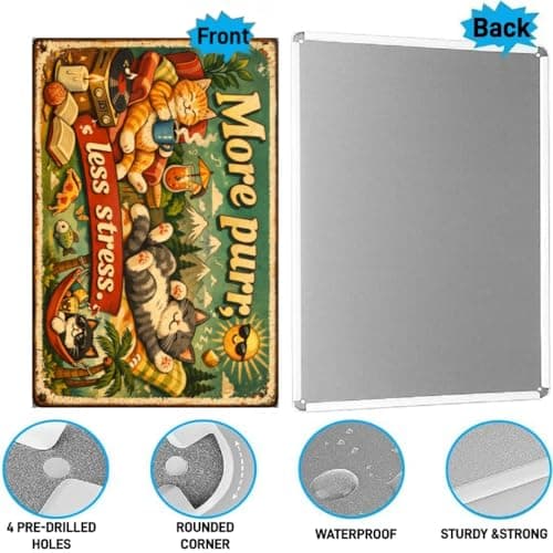 More Purr Less Stress Vintage Tin Sign Funny Cat Wall Decor Relaxing Kitten Illustration Retro Metal Plaque Cute Animal Art Home Office Wall 8x12 Inch Pre Drilled Holes - Thumbnail 5