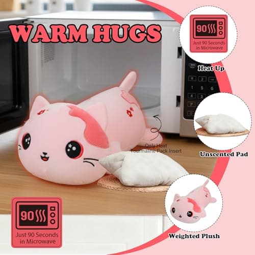 Microwave Weighted Cat Stuffed Animal - 2.2 Pounds Big Pink Cat Plush Machine Washable Unscented Cute Heating Pad Animal Pillow Warm Plushies Toy for Adults Kids Pink Flower Embroidery 15 Inch - Thumbnail 4