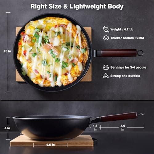 Teewe Carbon Steel Wok -13 Inch Woks & Stir-fry Pans Nonstick, Wok Pan with Glass Lid Spatula and Dish Brush: Pre-Seasoned Flat Bottom Chinese Wok for Induction, Electric, Gas, All Stoves - Thumbnail 2