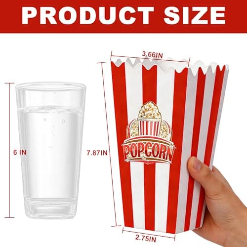 20 Pcs Movie Night Popcorn Boxes, 8 inch Red and White Striped Paper Popcorn Bucket, 250gsm Rigid Cardstock, One-Step Setup, Reusable Pop corn Bags for Party, Home Kitchen, Snacks, Easter - Thumbnail 6