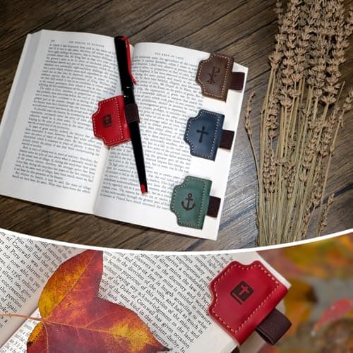 Buyborgood 4 Pcs Personalized Magnetic Leather Bookmark Pen Holder Book Lovers Christian Gifts Bygone Mark for Reading, Red-Bible + Coffee-Chi-Rho + Blue-Cross + Green-Anchor - Thumbnail 2